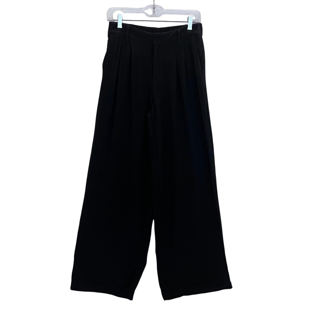 Black Textured Wide Leg Pleated Trousers Size 6 High Rise Flowy Pants